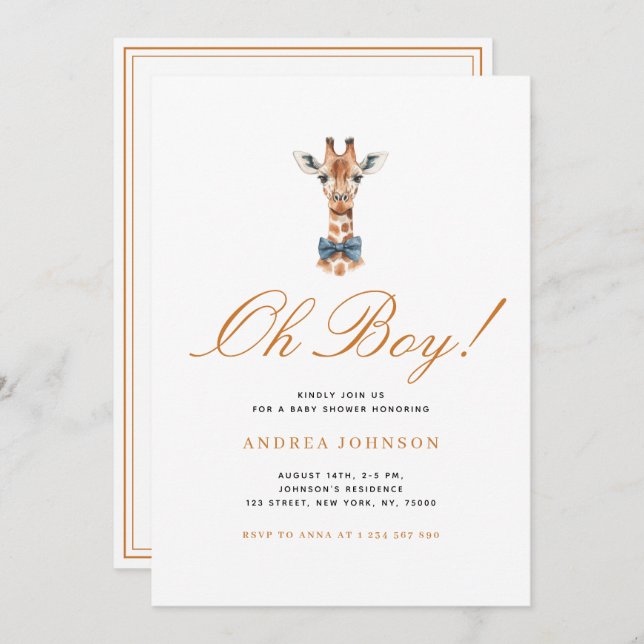Invitación Blue Bow Giraffe Safari ThBoy Baby Shower (Anverso / Reverso)