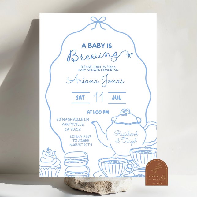 Invitación Blue Bow Hand Doodle A Baby está preparando una du (Subido por el creador)