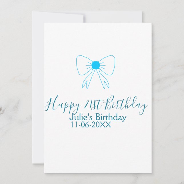 Invitación Blue bow happy 21ᵉʳ cumpleaños date (Anverso)