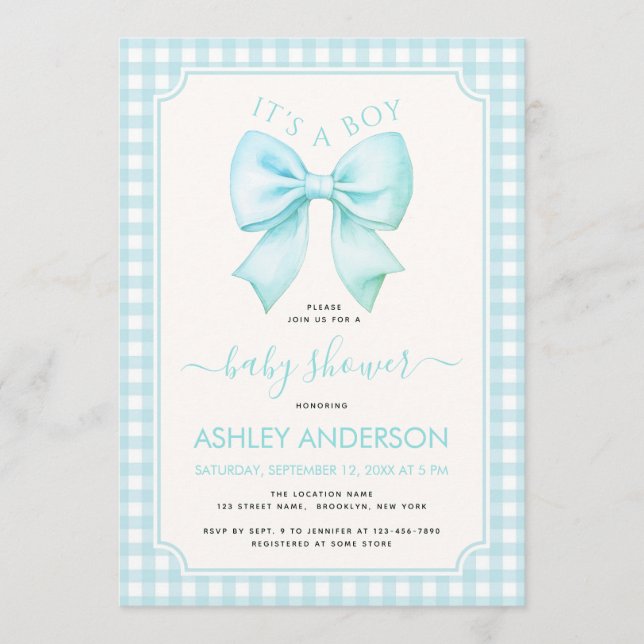 Invitación Blue Bow It's a Boy Baby Shower Gingham Plaid (Anverso)