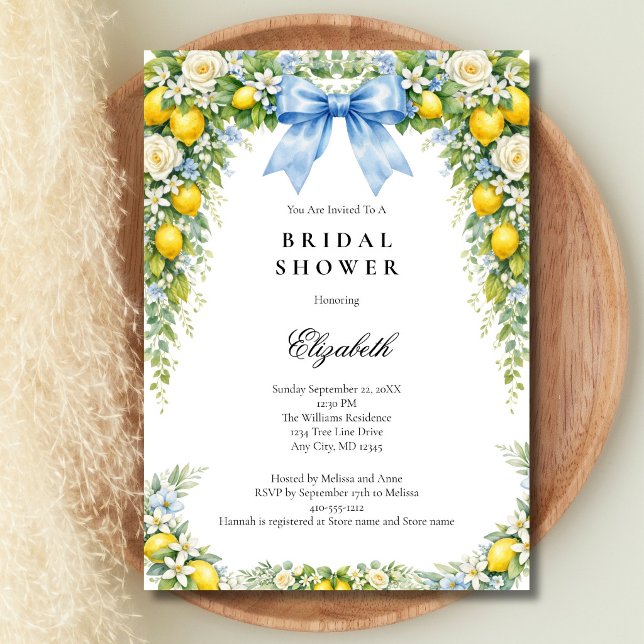 Invitación Blue Bow Lemons Florals Bridal Shower (Blue Coquette Bow, Mediterranean Lemons Florals Bridal Shower Invitation. Digital or Printed)