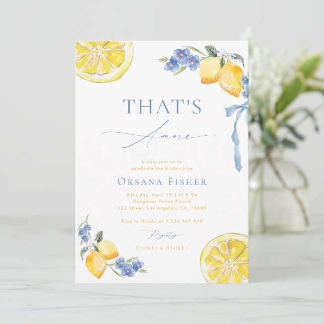 Invitación Blue Bow Lemons That's Amore Italian Bridal Shower (Anverso de pie)