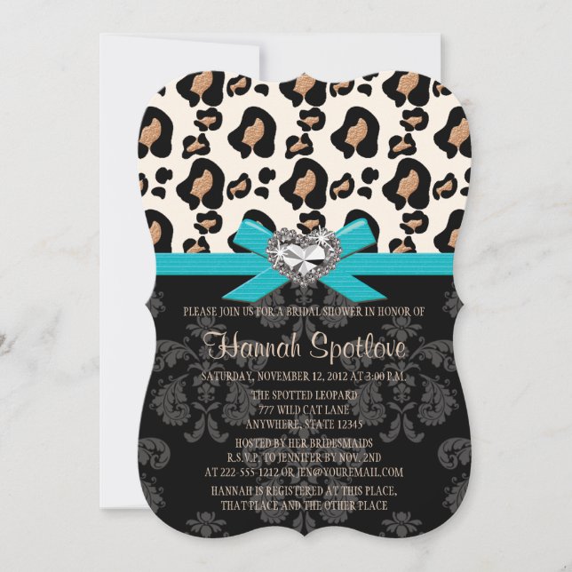 Invitación Blue Bow Leopard Print Faux Bling Bridal Shower (Anverso)