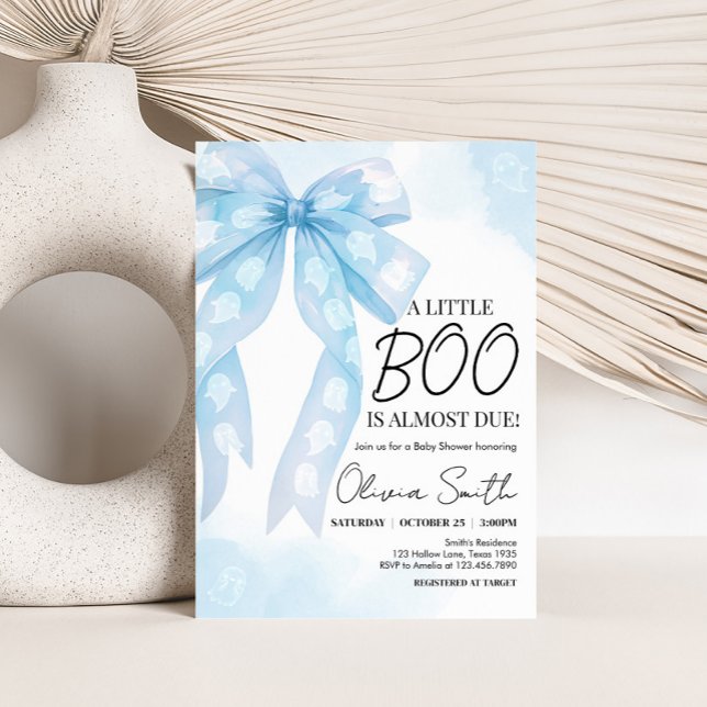 Invitación Blue Bow Little Boo Baby Shower (Blue Bow Little Boo Halloween Coquette Baby Shower Invitation)