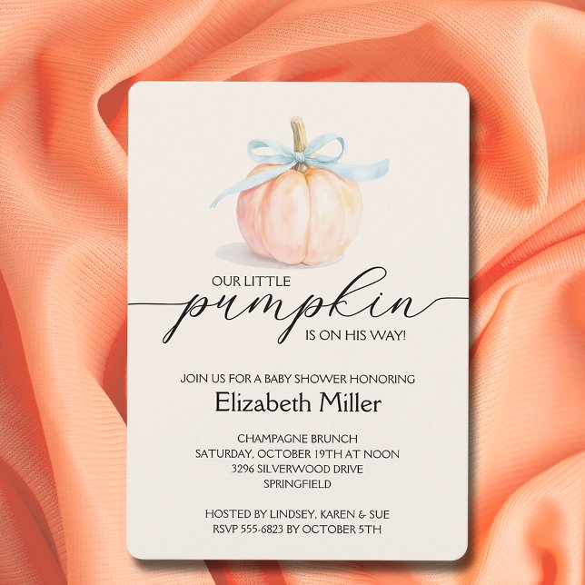 Invitación Blue Bow Little Pumpkin Boy Baby Shower (Blue ribbon and bow little pumpkin boy baby shower invitations)