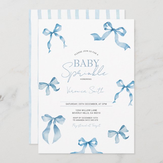 Invitación Blue Bow Modern Baby Sprinkle (Anverso / Reverso)