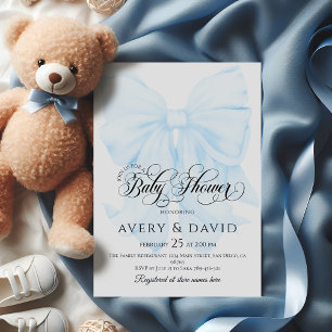 Invitación Blue Bow Modern Elegant Boy Baby Shower