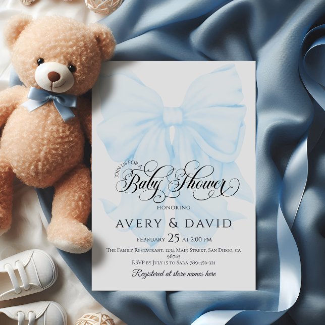 Invitación Blue Bow Modern Elegant Boy Baby Shower (Subido por el creador)