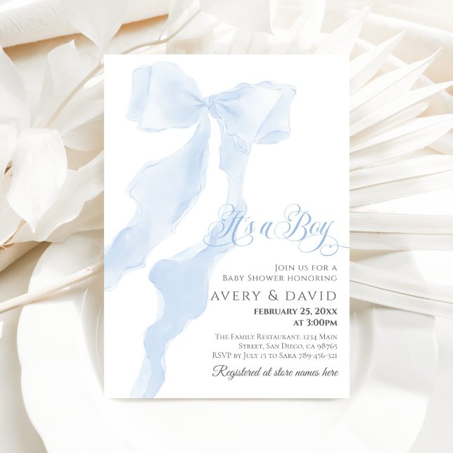 Invitación Blue Bow Modern Elegant It's a Boy Baby Shower (Subido por el creador)