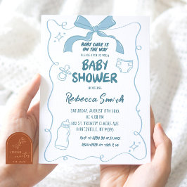 Invitación Blue Bow Modern Illustrated Boy Baby Shower