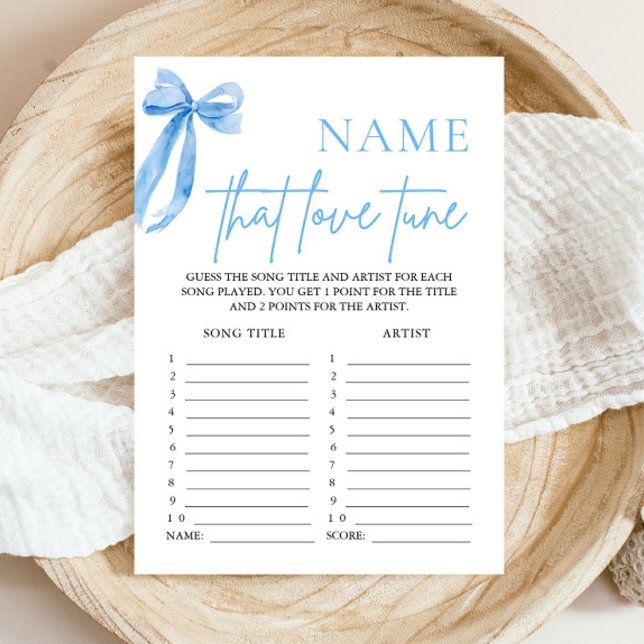Invitación Blue Bow Name That Love Tune Briower Shower Game (Modern Blue Bow Coquette Name That Love Tune Bridal Shower Game She's Tying the Knot Bridal Shower)
