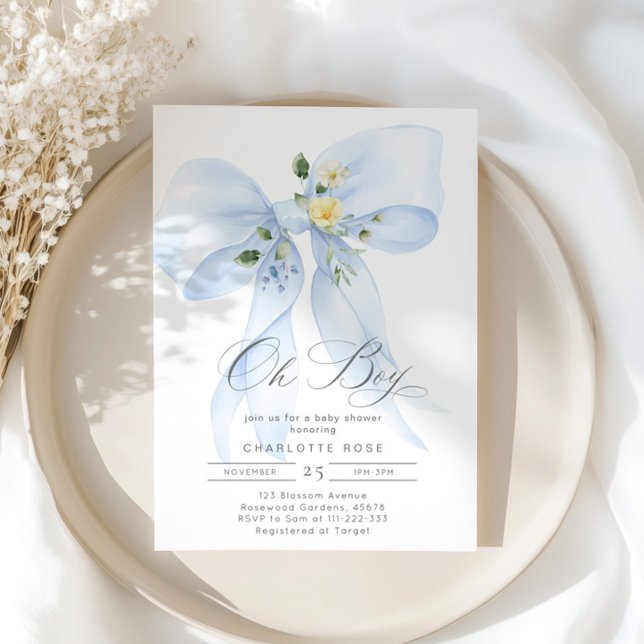 Invitación Blue Bow Oh Boy acuarela Baby Shower (Subido por el creador)