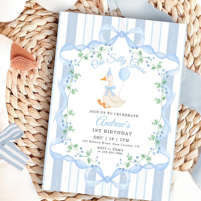 Invitación Blue Bow One Silly Goose Floral Boy 1st Birthday (Subido por el creador)