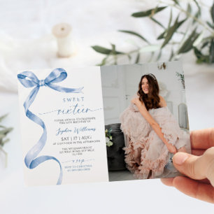 Invitación Blue Bow Photo Sweet 16 Birthday Invitation
