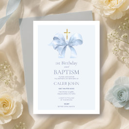 Invitación Blue Bow primer cumpleaños y bautismo para niño