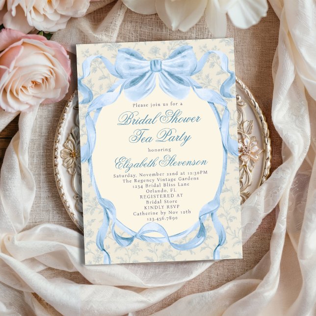 Invitación Blue Bow Regency Garden Tea Party Bridal Shower  (Subido por el creador)