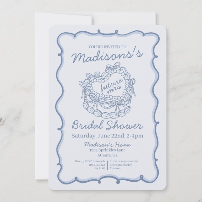 Invitación Blue Bow Retro Heart Coquette Cake Bridal Shower (Anverso)