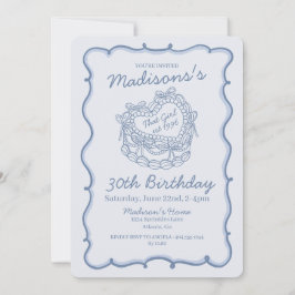 Invitación Blue Bow Retro Heart Coquette Cake Cumpleaños