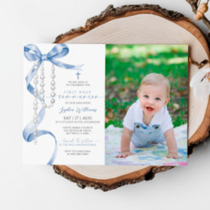 Invitación Blue Bow & Rosary Photo First Holy Communición