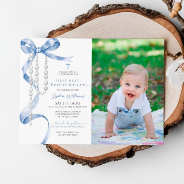 Invitación Blue Bow & Rosary Photo First Holy Communición (Subido por el creador)
