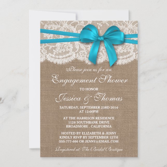 Invitación Blue Bow Rustic Burlap & Lace Engower (Anverso)