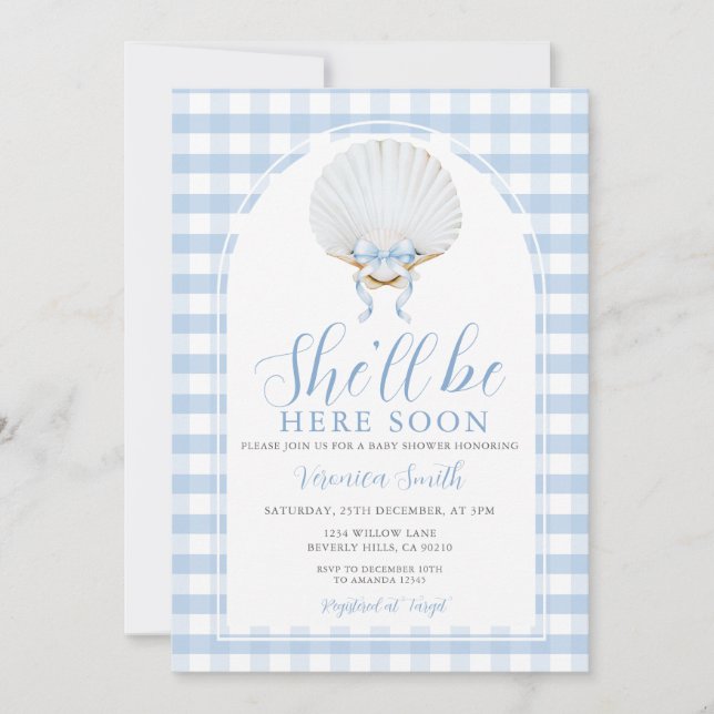 Invitación Blue Bow She'll Be Here Soon Sea Shell Baby Shower (Anverso)