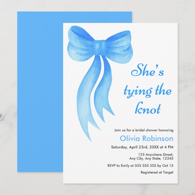 Invitación Blue Bow She's Tying the Knot Bridal Shower  (Anverso / Reverso)