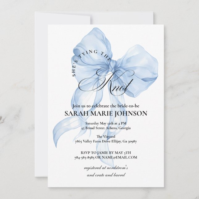 Invitación Blue Bow She's tying the knot Bridal Shower (Anverso)