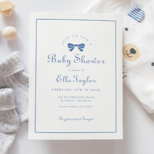 Invitación Blue Bow Simple Elegant Boy Baby Shower