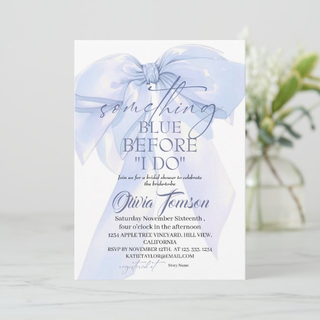 Invitación Blue Bow Something Blue Before I DO Bridal Shower (Anverso de pie)