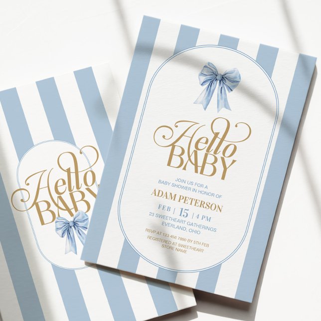 Invitación Blue Bow Stripes Elegant Baby Shower (Subido por el creador)
