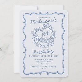 Invitación Blue Bow Sweet 16 Heart Coquette Cake Cumpleaños