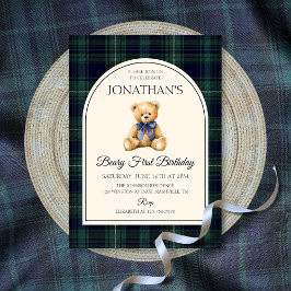 Invitación Blue Bow Teddy Bear Tartan Birthday