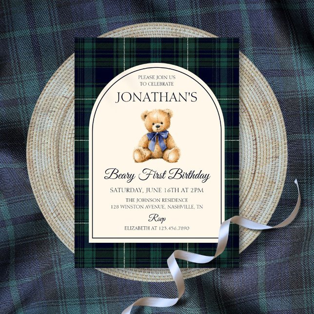 Invitación Blue Bow Teddy Bear Tartan Birthday (Blue Bow Teddy Bear Tartan Birthday Invitation)