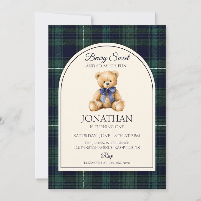 Invitación Blue Bow Teddy Bear Tartan Birthday (Anverso)