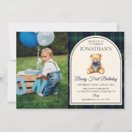 Invitación Blue Bow Teddy Bear Tartan Photo Birthday