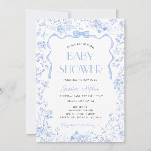 Invitación Blue Bow Toile De Jouy Boy Baby Shower (Anverso)