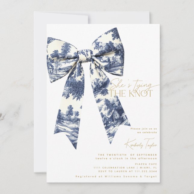 Invitación Blue Bow Toile está atando la ducha nupcial (Anverso)