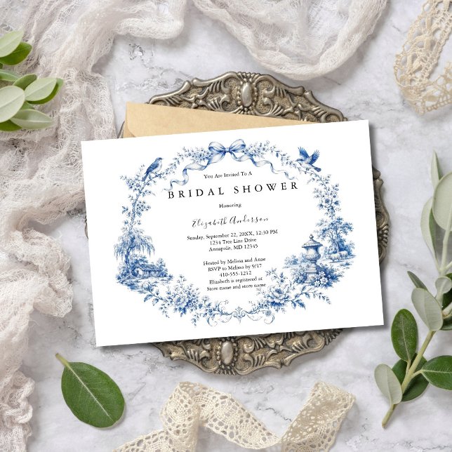 Invitación Blue Bow Toile Garden Bridal Shower  (Blue Bow Blue White Toile Watercolor Florals Bridal Shower Invitation. Printed or Digital)