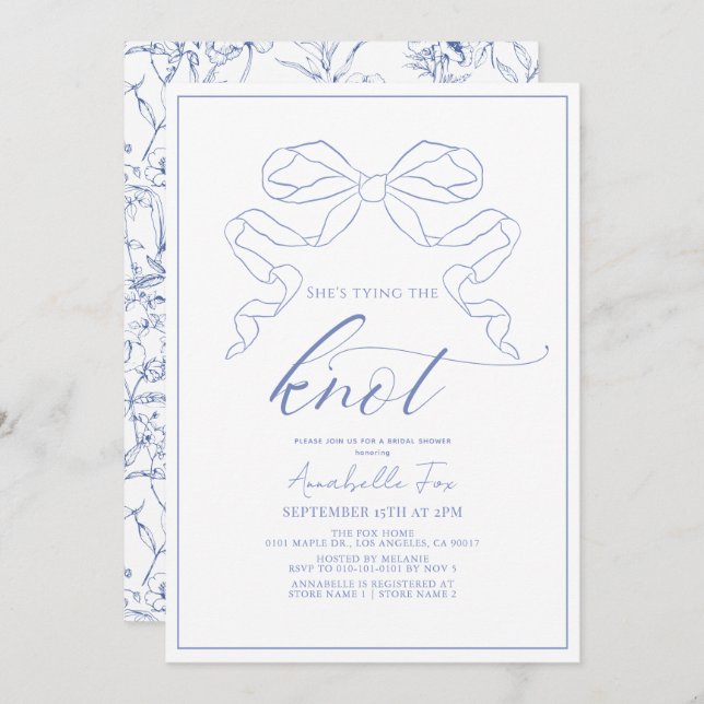 Invitación Blue Bow Tying Knot Bridal Shower (Anverso / Reverso)