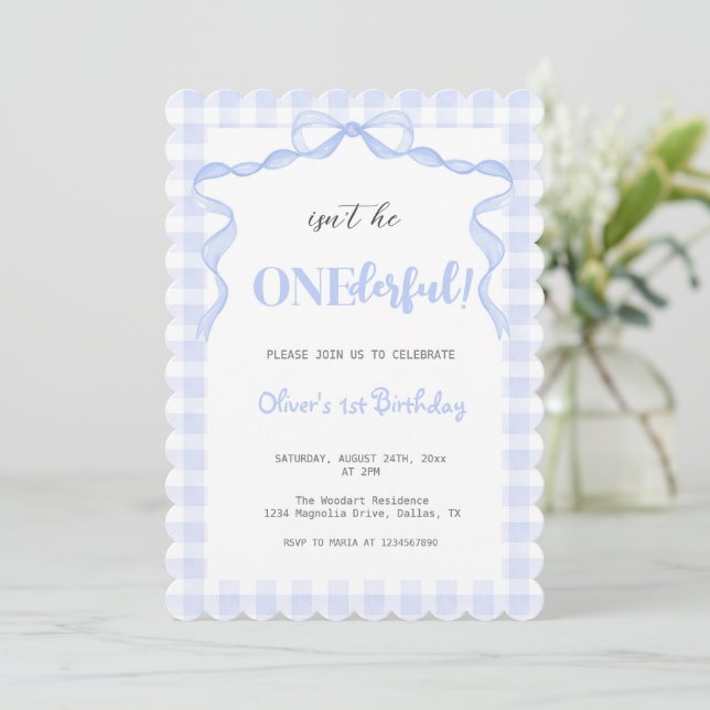 Invitación Blue Bow Un Niño Maravilloso Primer Cumpleaños (Anverso de pie)