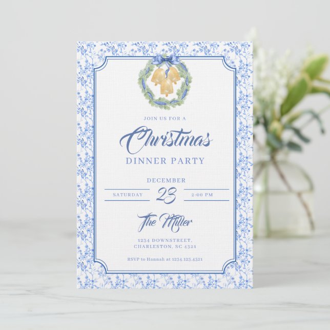Invitación Blue Bow Watercolor Wreath Grandmillenial (Anverso de pie)