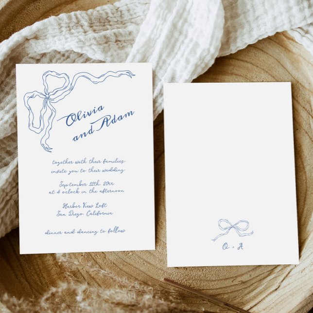 Invitación Blue Bow Whimsical Handwritting Elegant Wedding (Subido por el creador)