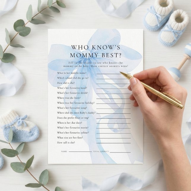 Invitación Blue Bow Who Knows Mommy Best Baby Shower card (Subido por el creador)