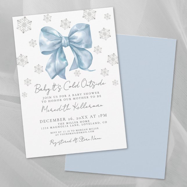Invitación Blue Bow Winter Boy Baby Shower (Blue Bow Winter Boy Baby Shower Invitation)