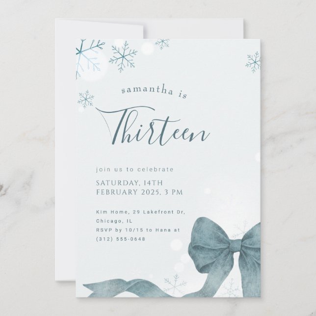Invitación Blue Bow Winter Snowflake 13th Birthday Party (Anverso)