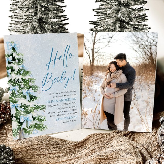 Invitación Blue Bows Árbol de Navidad Hello Baby Baby Shower (Subido por el creador)