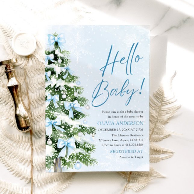 Invitación Blue Bows Árbol de Navidad Hello Baby Baby Shower (Subido por el creador)