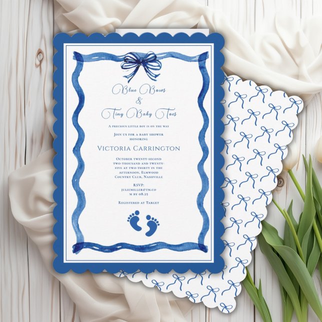 Invitación Blue Bows & Baby Toes Elegant Baby Shower  (Subido por el creador)