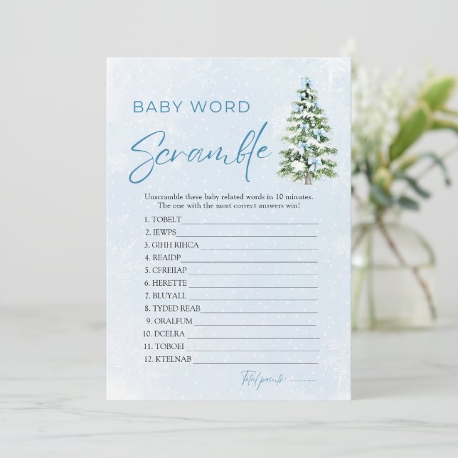 Invitación Blue Bows Christmas Tree Baby Word Scramble Game (Anverso de pie)